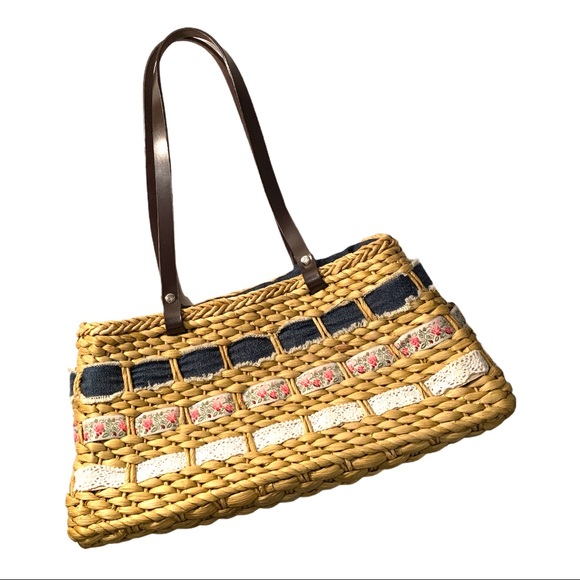 Roxy Basket Weave Ribbon Fabric Embellished Hand Held Purse Bag - Picture 3 of 4